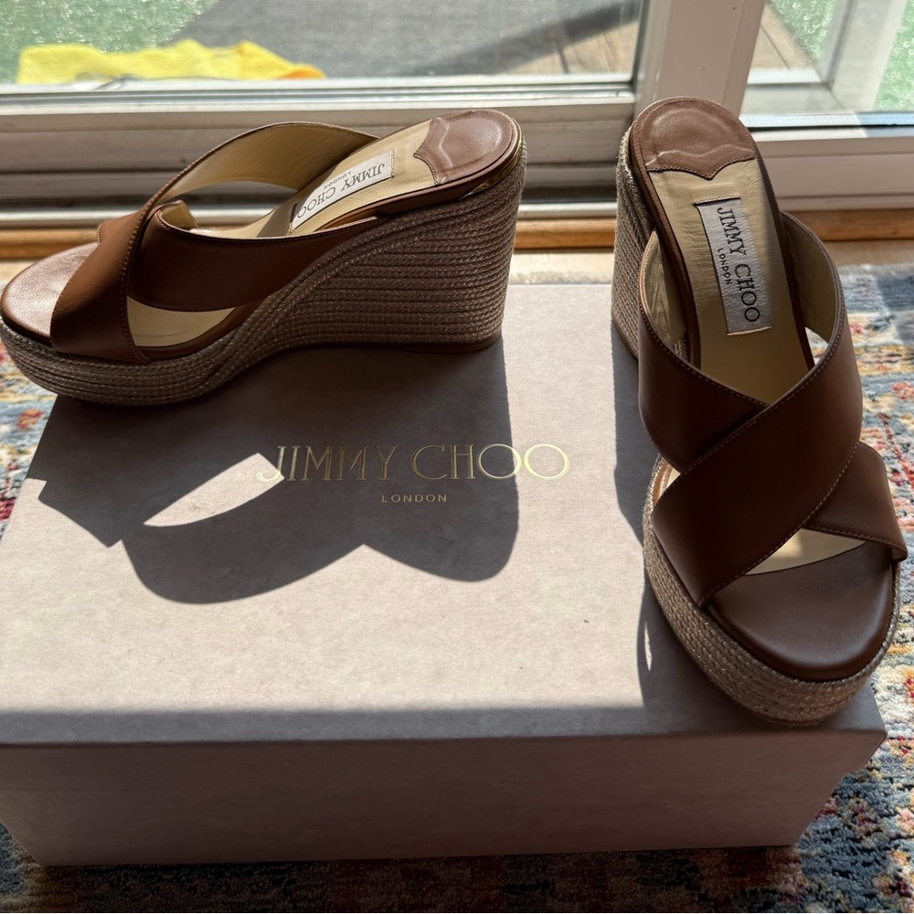Jimmy Choo Brown Wedge Sandals with Cross-Strap Design